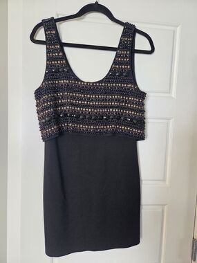 Bebe Black Embellished Mini Dress with Gold Beading Size M
